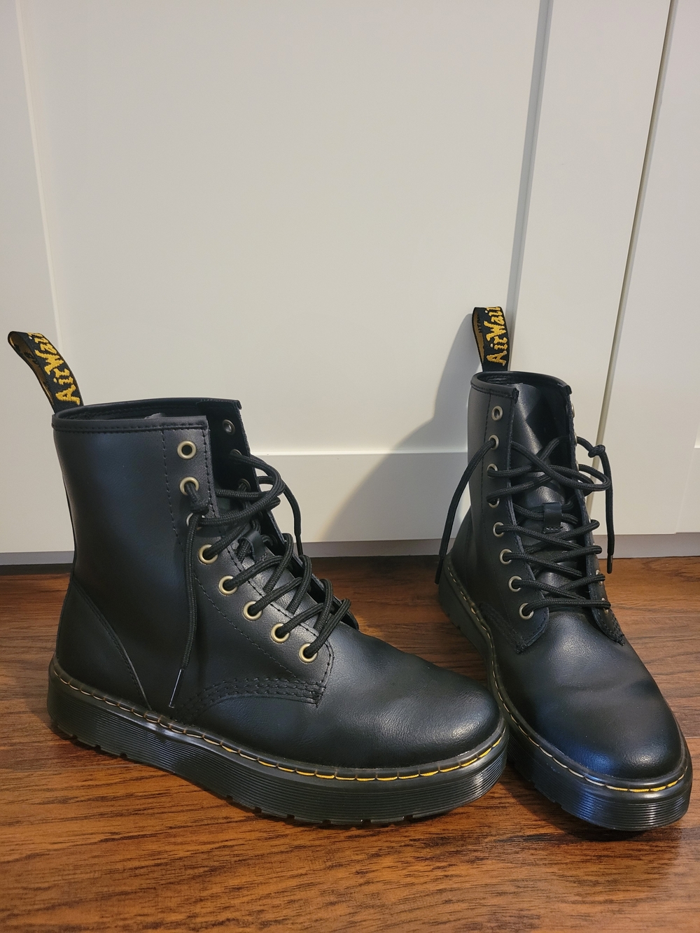 Dr. Martens Women's Black Lace-Up Combat Boots with Yellow Stitching